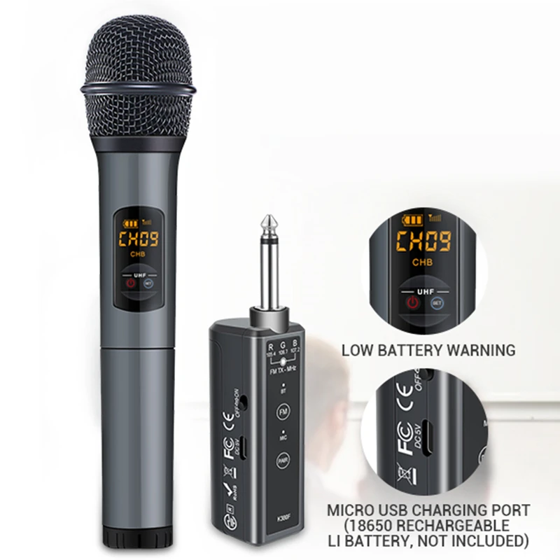 

bluetooth Wireless Microphone System 1/4'' Output Portable 10 Channel UHF Microphones Cordless Mic with Rechargeable Receiver