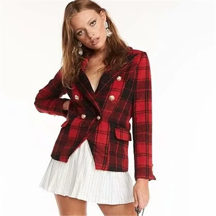 

Europe And America WOMEN'S Dress New Style Plaid Double Breasted Short Coat Autumn Clothing New Style Fold-down Collar Small Sui