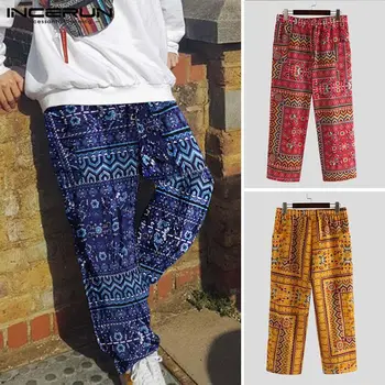 

INCERUN Men Pants Cotton Ethnic Style Print Drawstring Vintage Loose Wide Leg Trousers Men Joggers Casual Streetwear Pantalones