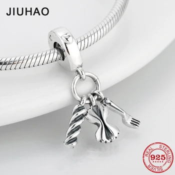 

925 Sterling Silver Italy Pasta And Fork With Love Heart fine Pendants beads Fit Original Designer Charm Bracelet Jewelry making