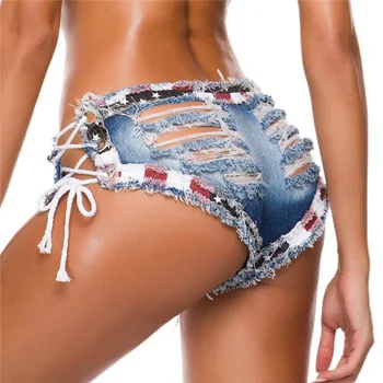 

Ellacey Summer Ripped Denim Shorts Women Mini Jean Shorts Lace Up Hot Low Waist Shorts Sexy Hollow Out Hole Nightclub Shorts