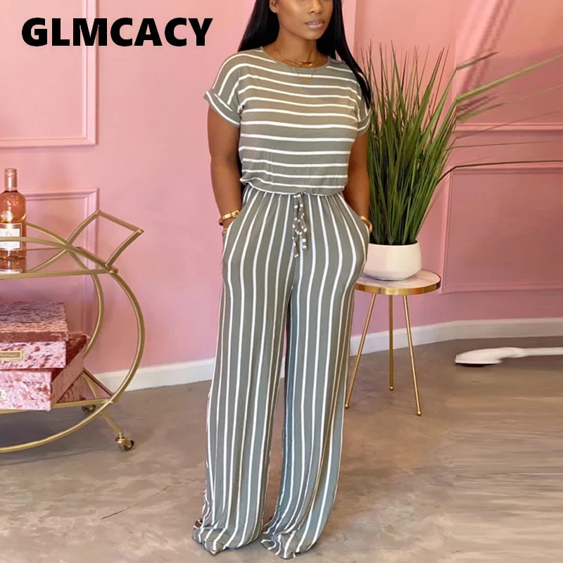 Women Causal Striped Short Sleeve Jumpsuit Plus Size Loose Fit Summer Long Pants Daily Overalls Comfy Jumpsuit Women Causal Striped Short Sleeve Jumpsuit Plus Size Loose Fit Summer Long Pants Daily Overalls Comfy Jumpsuit