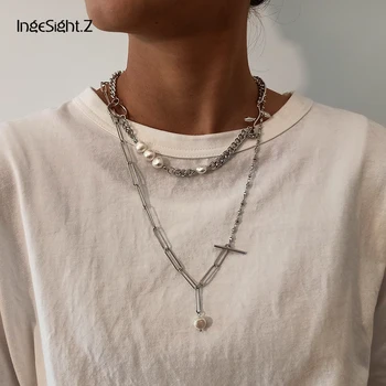

IngeSight.Z 2Pcs/Set Stainless Steel Rose Flower Choker Necklace Imitation Pearl Toggle Lasso Pendant Necklace for Women Jewelry