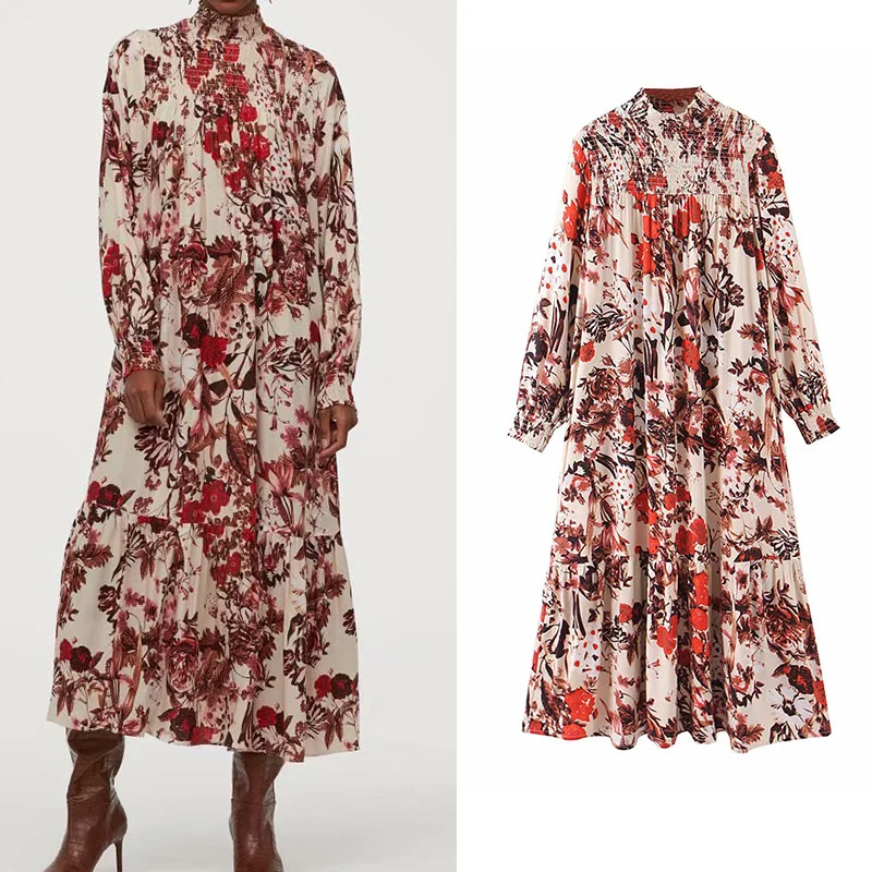 

casual za 2019 women dress floral print loose high waist elastic long dress long sleeve stretchy vestidos fashion ropa mujer