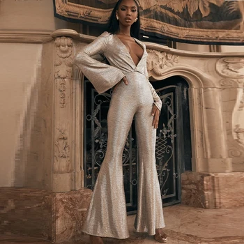 

2019 Women Sexy Deep V Neck Silver Fashion Jumpsuit Club Solid Verano Celebrity Party Good Quality Jumpsuits Wholesale