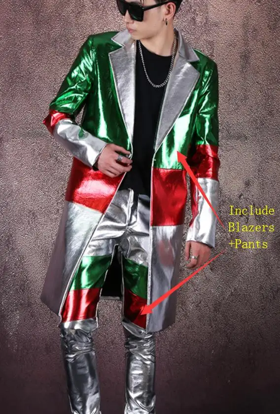 PU Leather Splicing Color Long Blazers Pants 2 Pieces Punk Style Men's Suits Tide Male Singer Concert Stage Costume Nightclub - Цвет: Blazers Pants