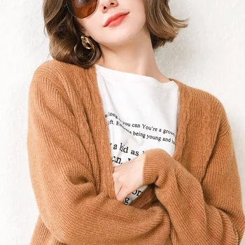 

BELIARST Genuine Cardigan Women's Autumn and Winter Thicken V-neck Knit Long Jacket Loose Large Size Cardigan Outside Sweater