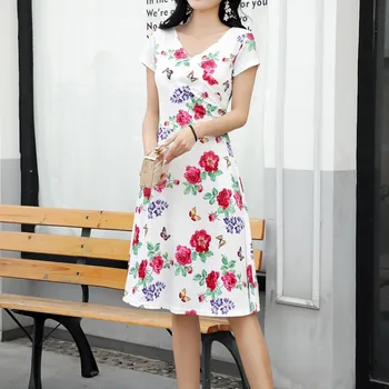

Women Summer Dress Women vestidos платье женское V Collar Printed Dress Ladies Slim Fit Short Sleeve Plus Size ropa mujer Dress