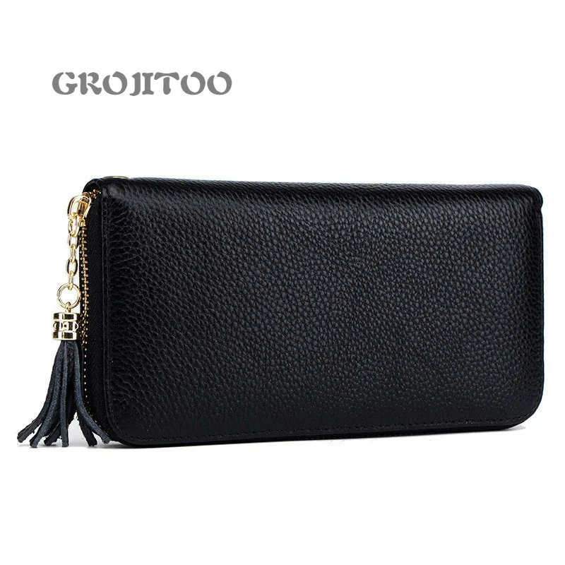 

GROJITOO new fashion purse women's tassel first layer anti-theft brush zipper wallet genuine leather rfid long wallet
