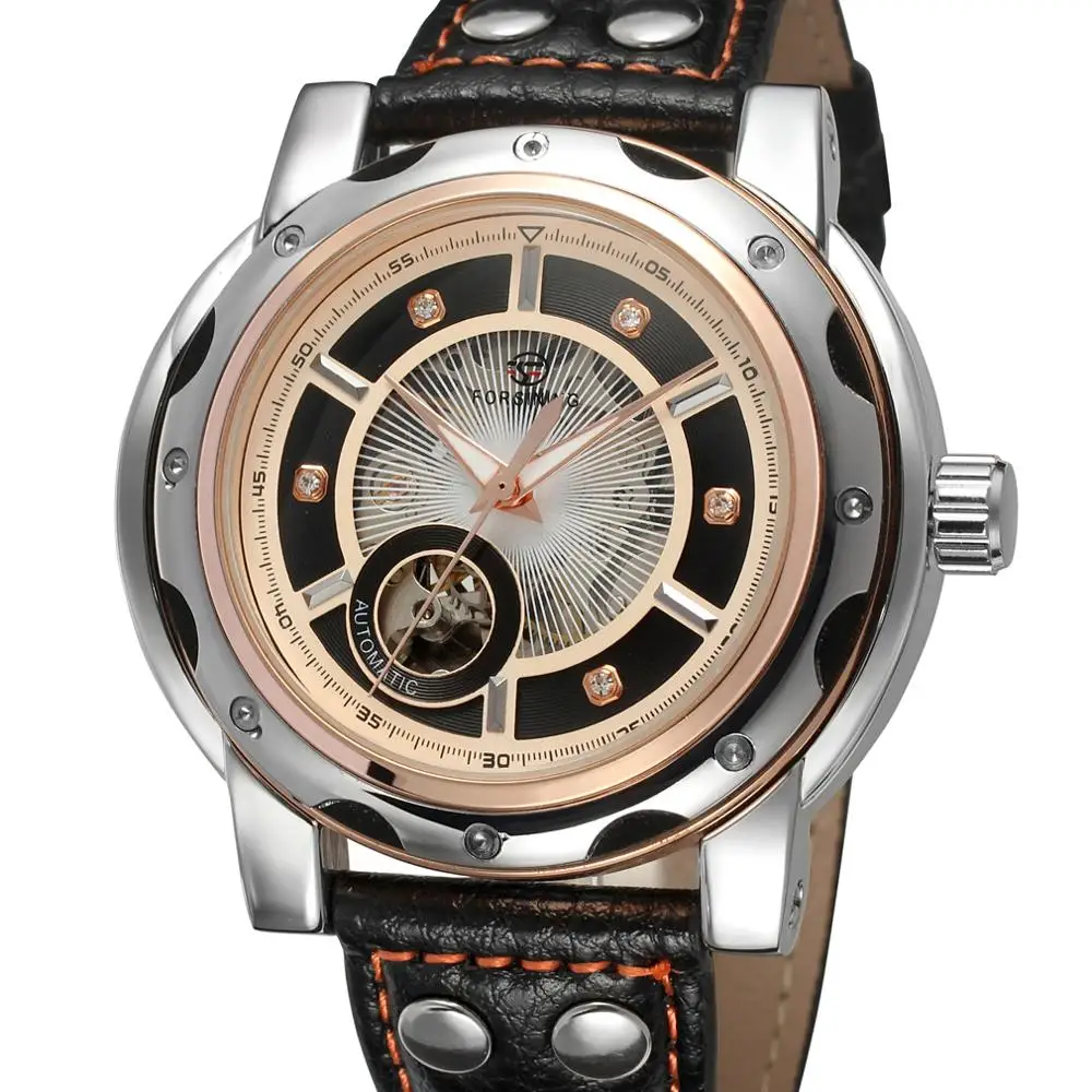 

FORSINING Luxury Mechanical Watches Men Crystal Decoration Skeleton Dial Fashion Rivet Leather Watch Band Men's Auto Wristwatch