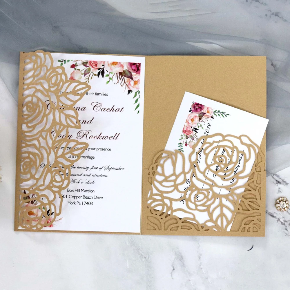  10 sets Laser Cut Hollow Rose Shape Card Romantic Wedding Invitations Birthday Party Decoration Sup - 4.00029E+12