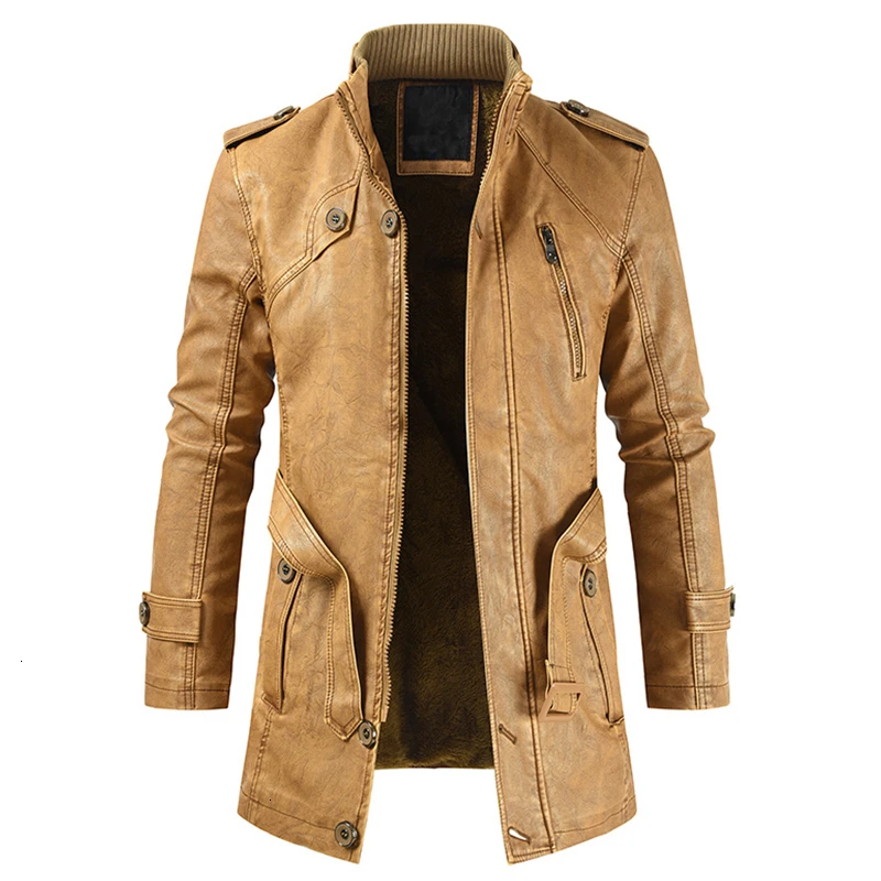 Beste Oumor Mannen Winter Merk Nieuwe Lange Dikke Fleece Leren Jas Jas Mannen Uitloper Fashion Warm Casual Vintage Faux Lederen Jas mannen