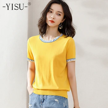 

YISU New Women letter Print T-shirt Summer Fashion Round neck Short sleeve T Shirt Knitted pullover Top Cute Tee Women T-Shirts