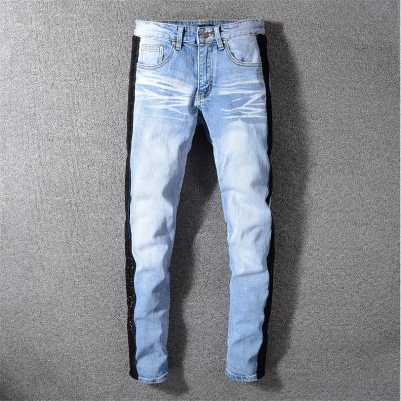 

2019 New arrived Men's Stretch Pants Shinning Black Sides Washed Blue Skinny Denim Jeans Slim Trousers Size 28-40