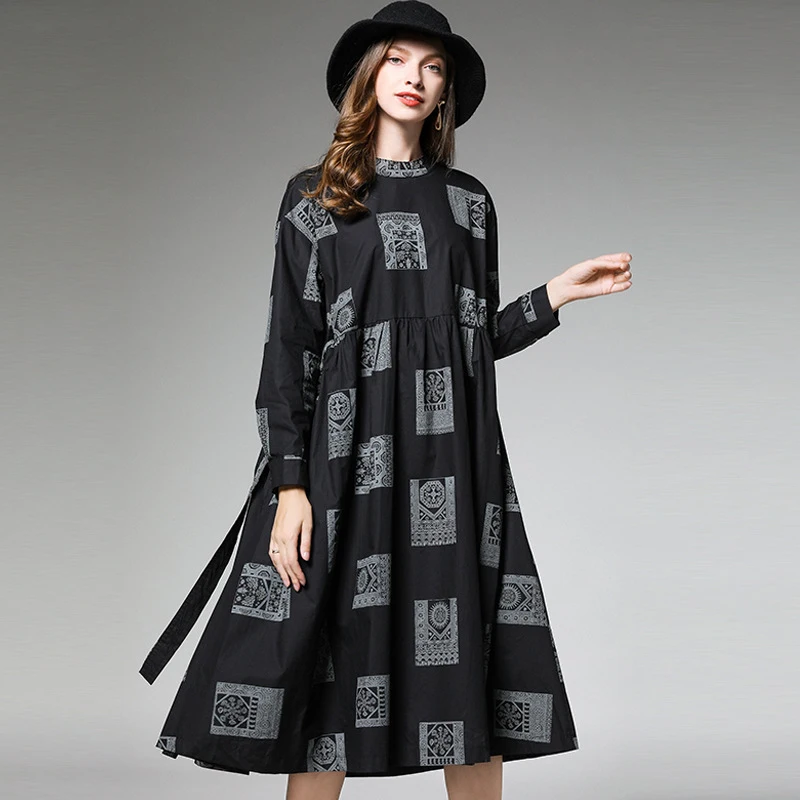 [EAM] женское платье с черным принтом, смешанные цвета, большой размер, с поясом, новинка, воротник-стойка, длинный рукав, свободный крой, Мода весна-осень, 1B256