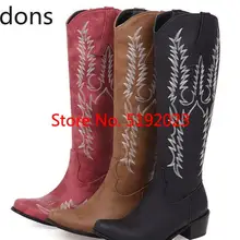 Женские сапоги до колена из искусственной кожи без шнуровки, повседневные женские ботинки гладиаторские вышитая обувь Женская мода botas mujer InviernoD113