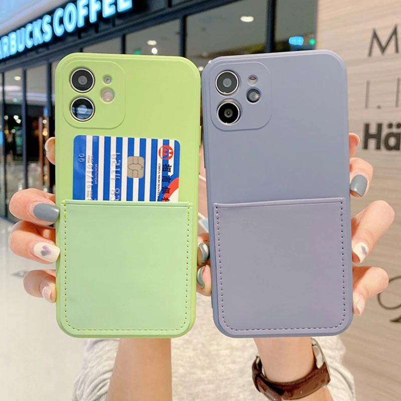 

Silicone Phone Case With Card Holder For iPhone 11 12 Pro Max Xsmax X XR 7 Plus 8 SE 20 Candy Color Liquid Silicone Back Cover
