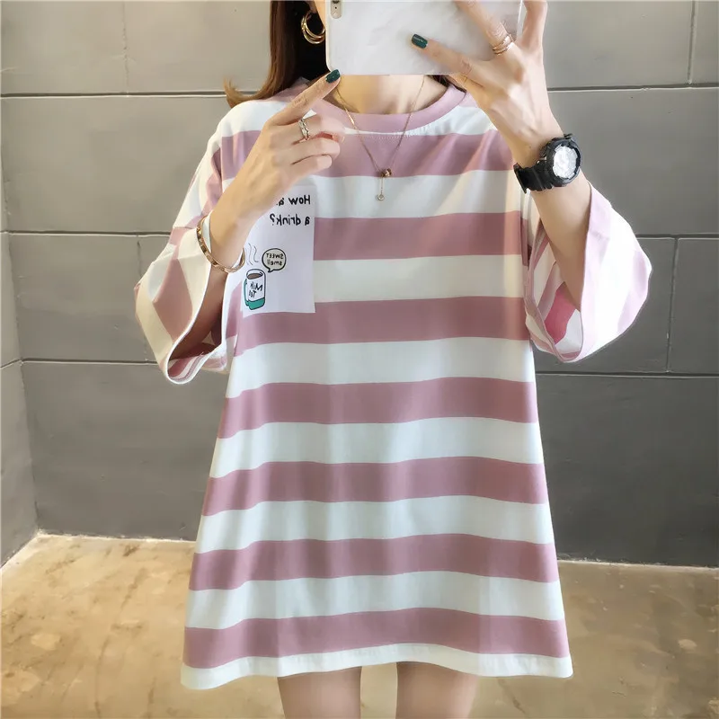 Summer Boyfriendy Loos Rainbow Striped T-shirts Women Plus Size Streetwear Harajuku Oversized T Shirt Casual Femme Tops Tees