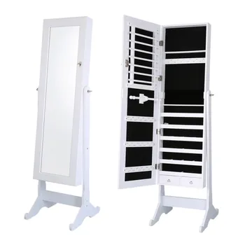 

Mirrored Lockable Jewelry Cabinet Armoire Organizer Storage Box Stand White Home Furniture US Warehouse