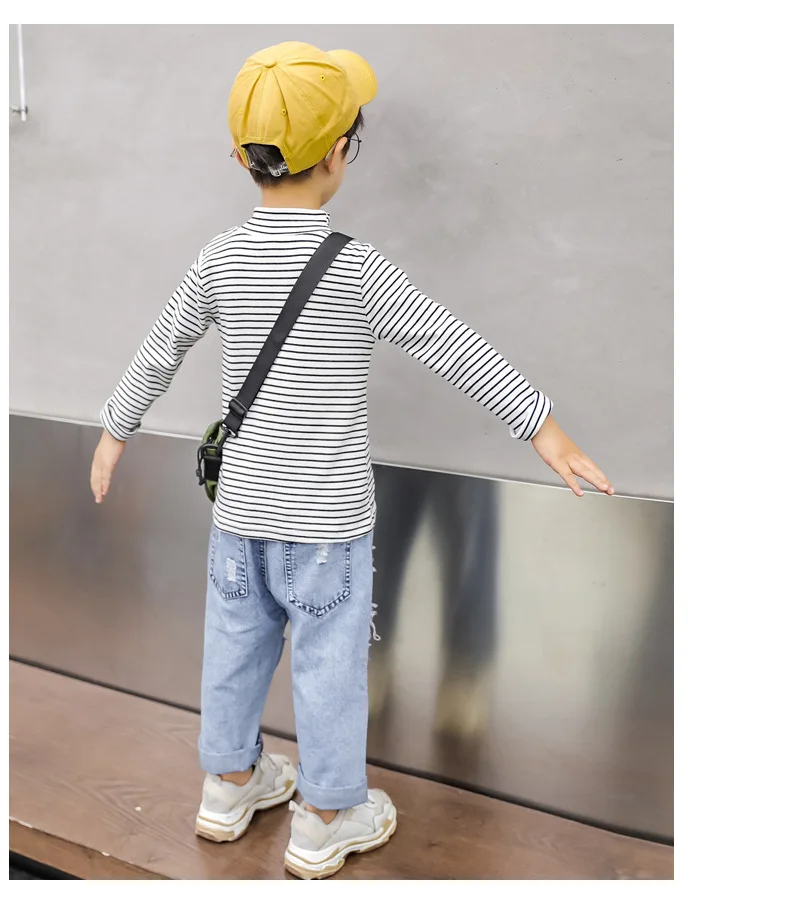 Autumn BOY'S Baby Stripes Base Shirt Korean-style Casual Children Long Sleeve Mock-Neck T-shirt Tops Fashion