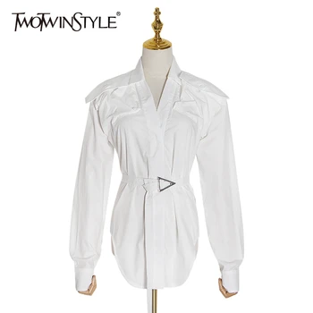 

TWOTWINSTYLE Casual Shirt Women Lapel Collar Long Sleeve High Waist Sashes Asymmetrical Shirts Female Clothing 2020 Fashion Tide