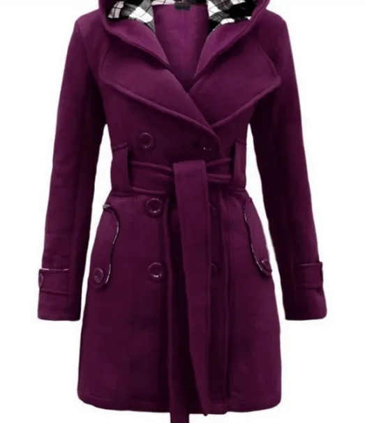 Новое осенне-зимнее женское двубортное пальто с капюшоном, длинная куртка, шерстяная верхняя одежда - Цвет: Purple