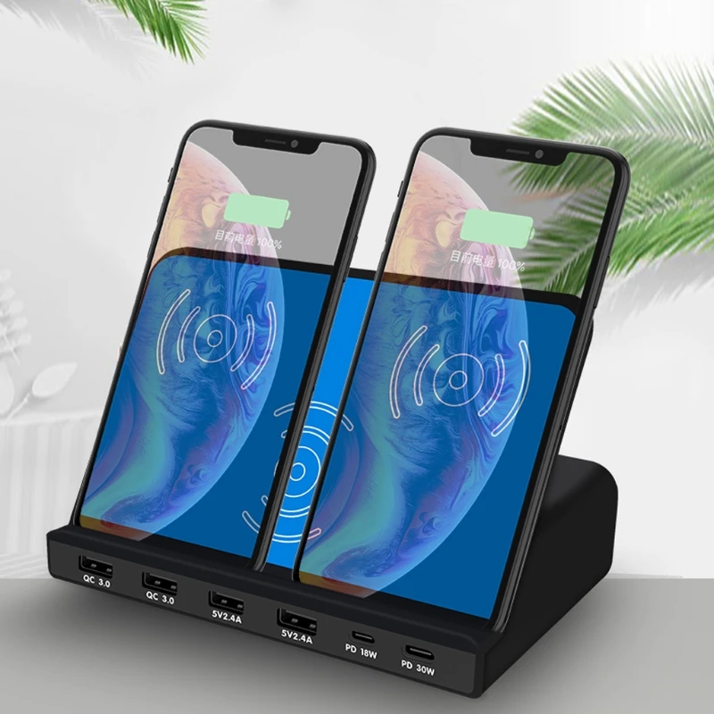 Universal 6Ports 30W Type C PD QC3.0 USB Fast Charger 10W Dual Wireless Charger Station Stand for Laptop Cellphone Tablet