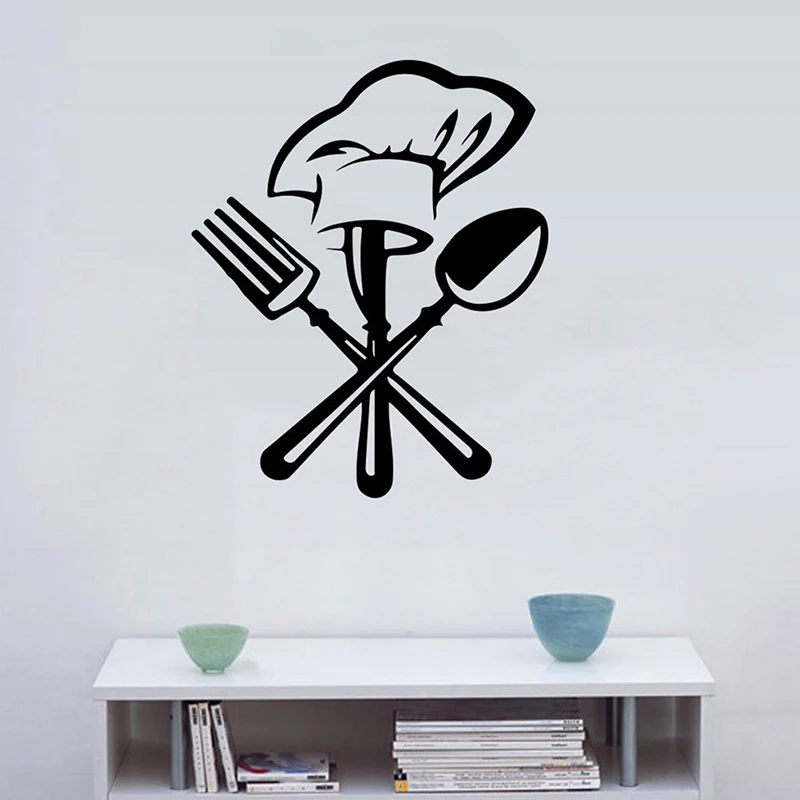 Creative Cutlery Knife Fork Chef Hat Wall Sticker For Kitchen Restaurant Decoration Mural Decals Wallpaper Home Decor Stickers | Дом и сад