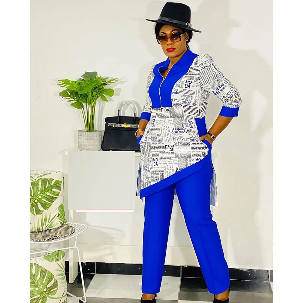 african style clothing Latest Fall Clothes For Women Stand-up Collar Half Sleeve Two Pieces Suit Irregular Hem Letters Print Fashion Pants Sets African african wear for ladies