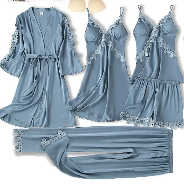 Women Sleepwear Bride Robes Sleepwear Pajamas 5PCS Robe Suit Satin Women Nightwear Lace Kimono Gown Bridal Wedding Bathrobe Set
