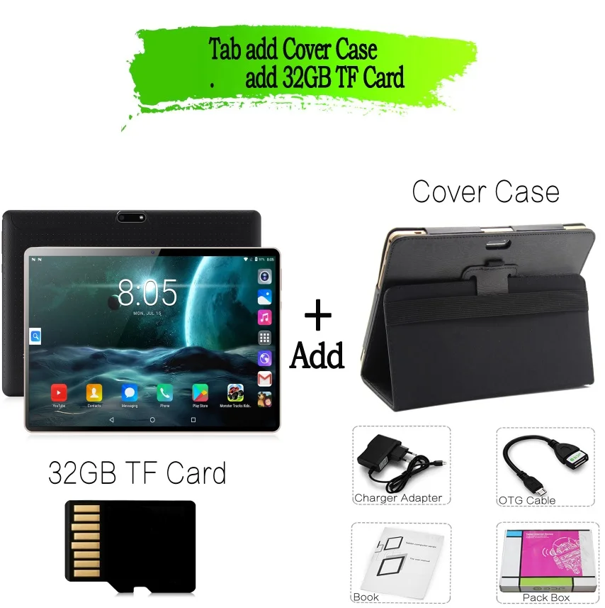 Add Cover 32GB TF Планшетный ПК 10 дюймов Octa Core 3g Телефонный звонок Google Рынок gps, Wi-Fi, FM, Bluetooth 10,1 Планшеты 4G+ 64G Android 7,0 tab - Комплект: Add Cover 32GB TF