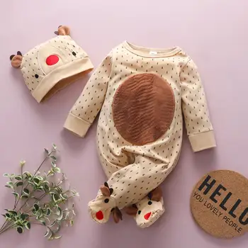 

bunvel Christmas Infant Baby Girl Boy Playsuit Rompers+Deer Ear Hats Cute Kids Baby Winter Autumn Long Sleeve Dotting Jumpsuit