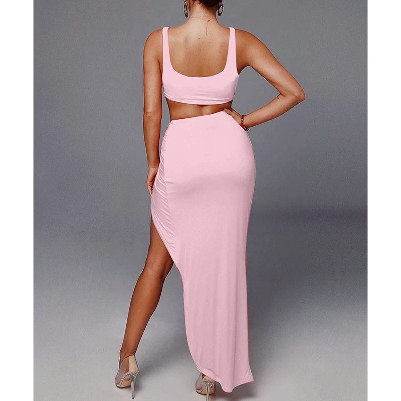 Fashion Female Long Skirt New Sling Tube Top Mid-Length Solid Color High Split 2-Piece Summer Suit For Women Lady Skirts Suits