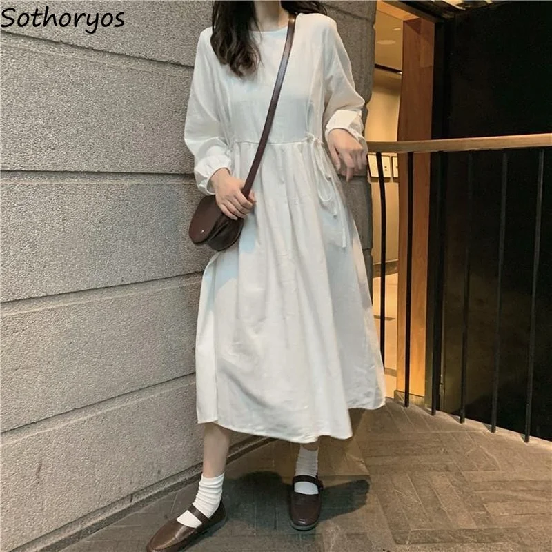 

Long Sleeve Dresses Women Loose White O-neck Students Casual Spring Autumn Vestido A-line Harajuku Elegant Korean Waist Hugging