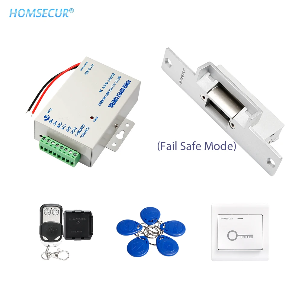HOMSECUR 5Pcs RFID Keyfob +Power Supply+ Remote Controller+Exit button+NC Strike Lock | Безопасность и защита