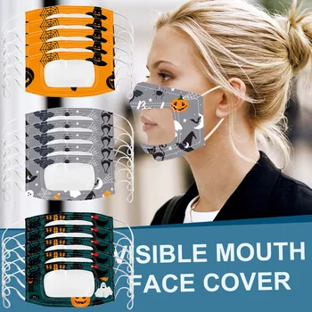

5PC Halloween Print Face Mask With Clear Vinyl Mouth Expression Lip Reading Mask Scarf Mascarilla Mascarar breathable Face Mask