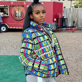 

ANJAMANOR Fashion Winter Parka Letter Print Puffer Jacket Women Bubble Coat Plus Size Puffers Woman Outwear Overcoat D30-AI91