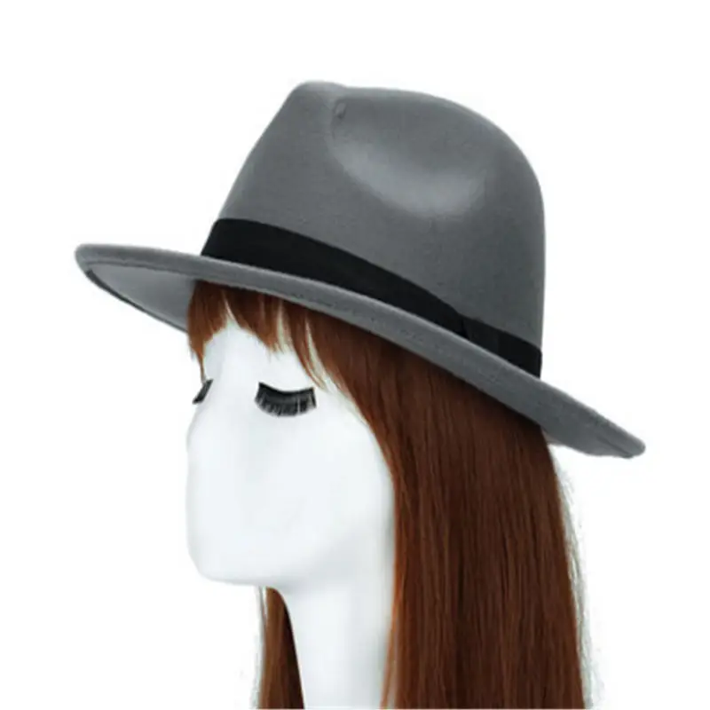 Модная ретро Мужская/Женская шерстяная фетровая джазовая Панама дерби с широкими полями фетровая шляпа - Цвет: Серый