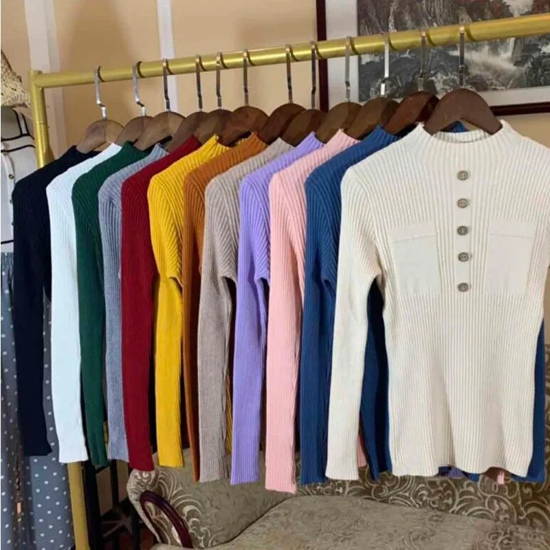 

Women Sweater O-Neck Long Sleeve Button Tight Sweater Knitting Casual basic Crop Tops Button Decor Knit Sweater #25 Women #25
