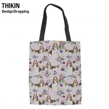 THIKIN Basset собака с цветочным принтом женская сумка для покупок женские холщовые тканевые сумки через плечо многоразовые складные эко продуктовые сумки