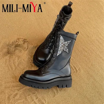 

MILI-MIYA Fashion Design Women Mid-Calf Boots Cow Leather Zipper Lace-Up Square Heels Round Toe Motorcycle Shoes Size 34-40