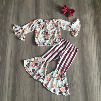 

baby Girl clothes girls floral outfits floral shirt with bell bottom stripe pants girls fall/winter clothes with bow