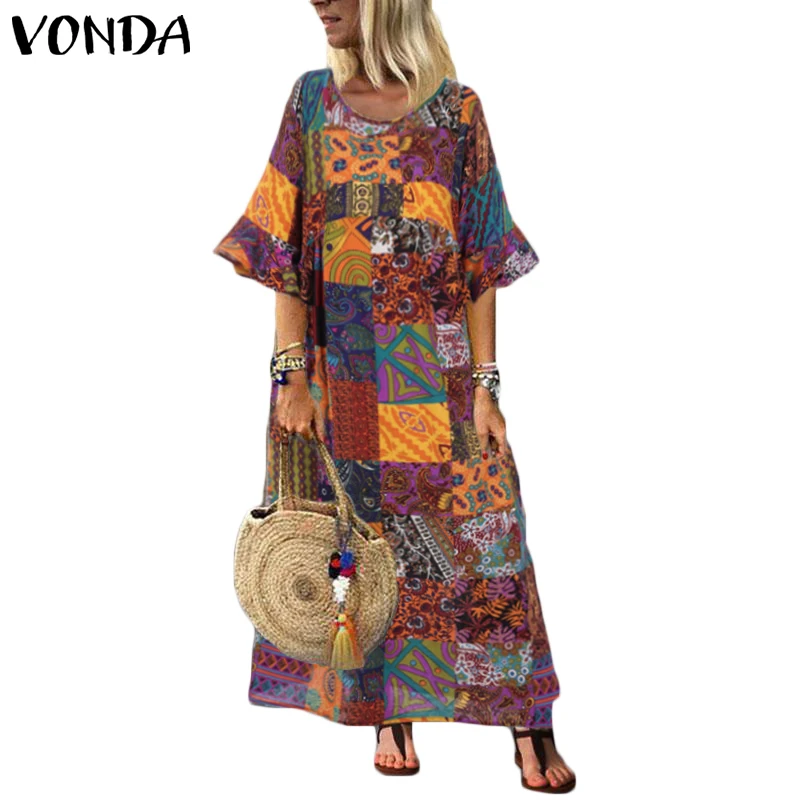 VONDA, женское летнее платье больших размеров, винтажное, с принтом, макси, длинные платья, повседневные, свободные, вечерние, Vestidos Femme, пляжный сарафан, Femininas - Цвет: Orange Red