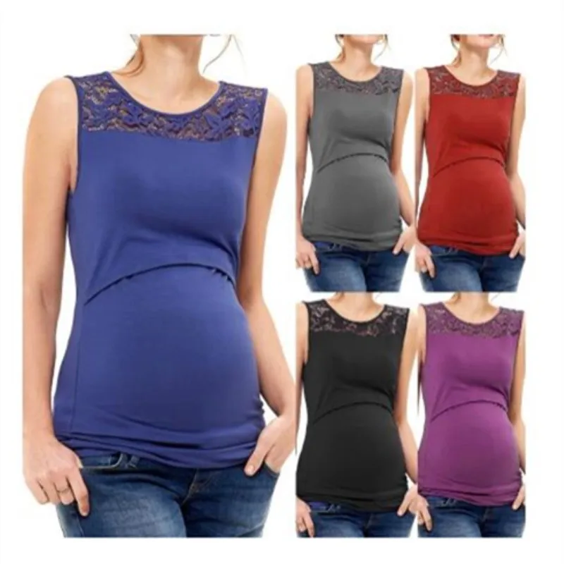 

3 Colors Europe And America WOMEN'S Dress Sexy Lace Joint Nursing Shirt Crew Neck Sleeveless Maternity Vest