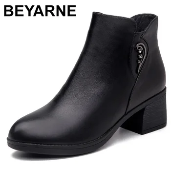 

BEYARNE 2019 Autumn Winter Women Ankle Boots Genuine Leather High Heels Pointed Toe Rhinestone Thick Heel Boots Wome Warm Shoes