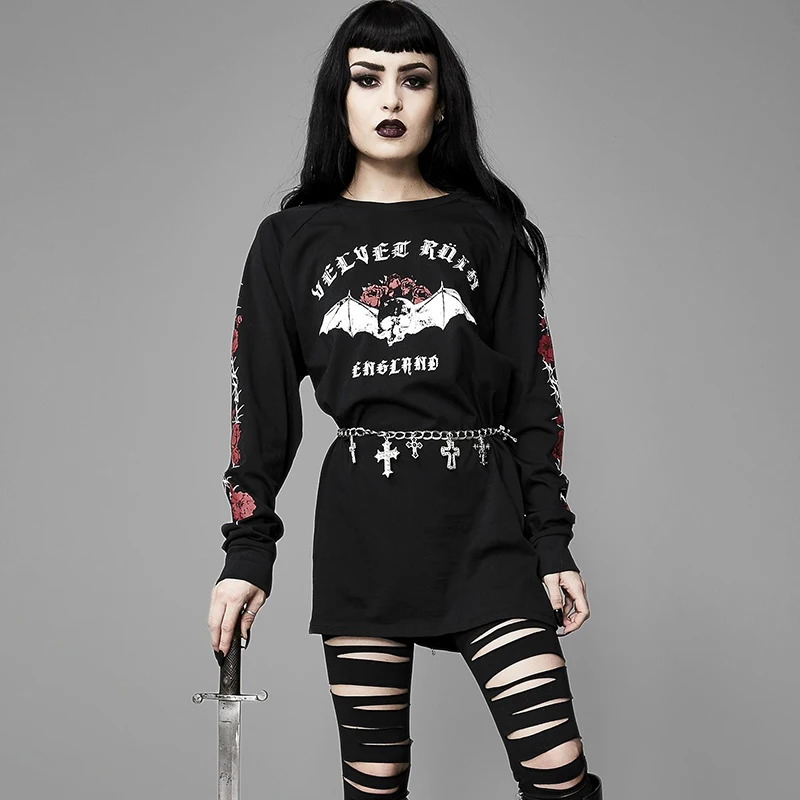 InstaHot Black Rose Letter Printed Oversize Sweatshirts Loose Women Round Neck Autumn Spring Gothic Punk Streetwear Pullovers