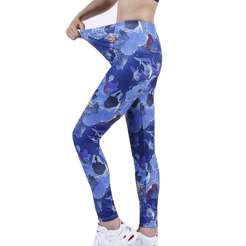 

CHSDCSI Workout Pants Hot Gym Tight New High Waist Slim Women Fitness Blue Print Leggings Trousers Leggin Push Up Elastic