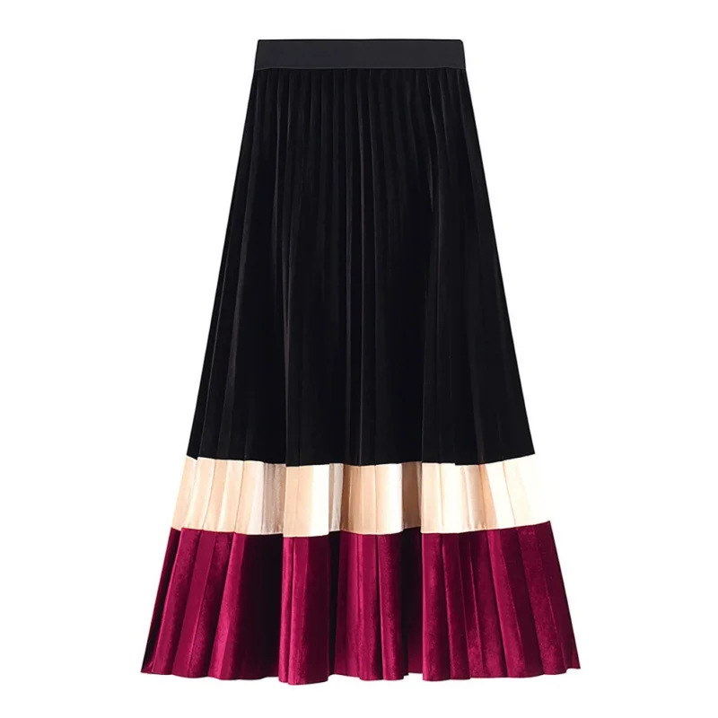 Осенняя и зимняя плиссированная юбка, высокая талия, эластичная строчка, цвет золотой, бархатная длинная юбка, юбка для женщин, элегантное женское платье