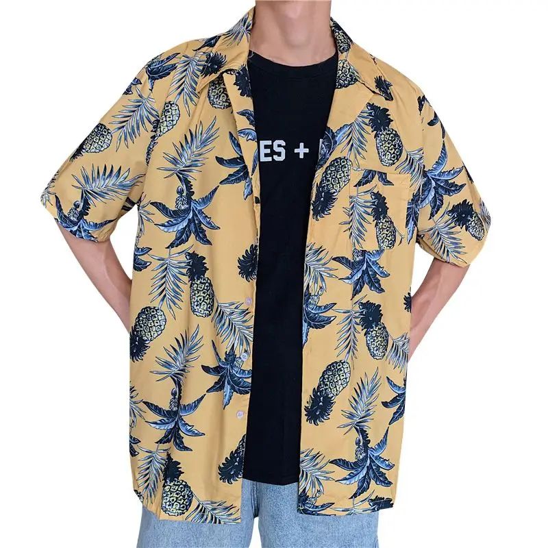 Men Fashion Summer Shirts Leaves Flower Pineapple Print Loose Short Sleeve Shirt Male Hawaiian Style Beach Shirt x