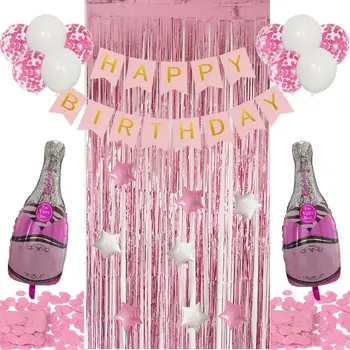 

1*2M Rain curtain adult Birthday Balloon hen party Wine bottle Foil Balloon Birthday Party Decoration pink black Confetti Latex